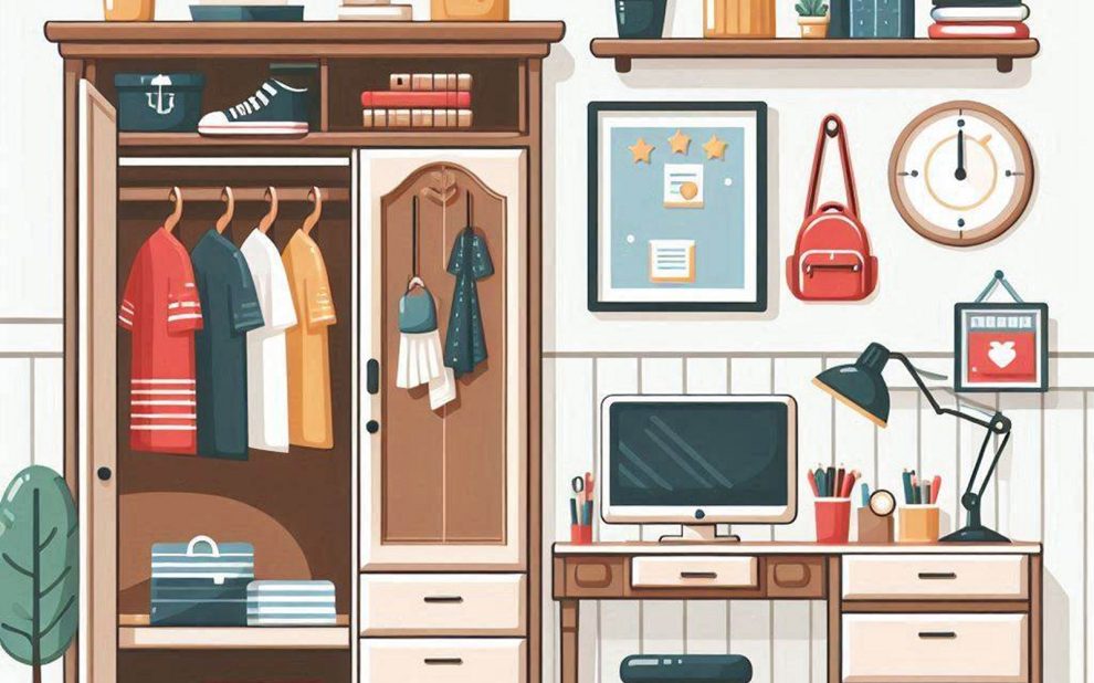 Closet with furniture and interior elements. Vector illustration in flat style